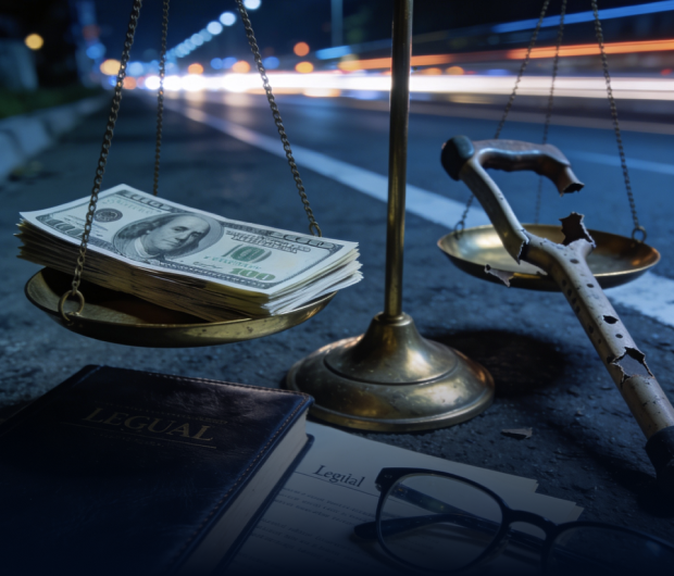 A scale of justice holding a small crutch on one side and a stack of cash on the other sits atop a case file with a city skyline backdrop.