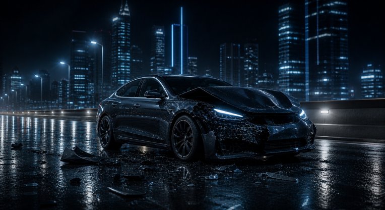 A dark sedan with severe front-end damage sits on a wet, debris-strewn city highway at night, backdropped by illuminated skyscrapers.