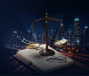 A scale of justice holding a small crutch on one side and a stack of cash on the other sits atop a case file with a city skyline backdrop.