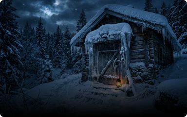 A cozy, rustic log cabin covered in thick snow and icicles under a stormy night sky, with a lit lantern by the door.