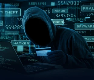 A masked hacker wearing a dark hoodie stands beside a large, glowing blue digital security shield graphic in a server room.