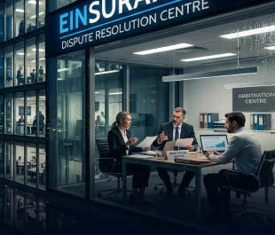 Professionals discussing documents in a modern glass-walled office at night under a sign reading "Dispute Resolution Centre.