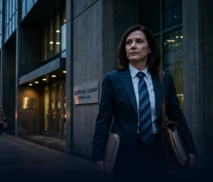 A woman in a dark business suit and striped tie walks purposefully outside a modern city building at dusk, carrying a briefcase and a folder.