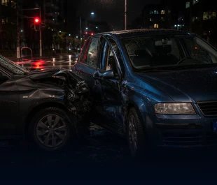 A dark blue car shows significant side-impact damage after a T-bone collision at night.