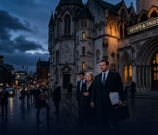 A group of professional lawyers walking in front of a grand, historic "High Court" building at dusk