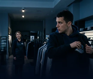 A young man in a shop puts merchandise into his jacket while a female store employee watches him from the background.