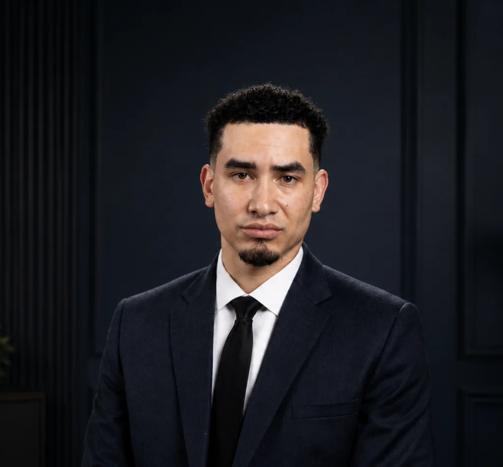 A male lawyer in a blue suit sits at a wooden desk with a gavel, speaking to a client in a classic office.