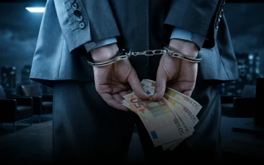 A close-up from behind of a man in a business suit holding a fan of 50 Euro notes with his hands handcuffed.