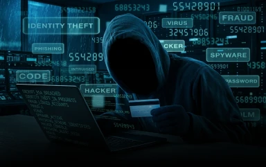 A hooded hacker with an obscured face works on a laptop at night, holding a credit card amidst floating digital text about cybercrime.