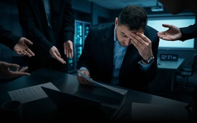 A stressed businessman sits at a desk rubbing his forehead while multiple hands point at papers in accusation during a tense meeting.