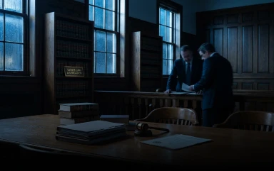 Two men in suits discussing documents in a dimly lit, classic law library filled with wooden bookshelves.