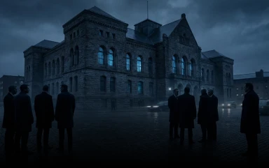 Several men in dark overcoats standing outside a large, imposing stone courthouse under a moody, overcast sky.