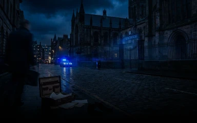 A dark street scene featuring a discarded briefcase and papers on the sidewalk with a courthouse in the background.