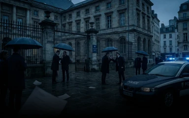 People with umbrellas walking past a gated government building and a parked police car on a rainy day.