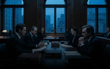 A group of legal professionals engaged in a serious meeting around a large table in a room with tall arched windows.