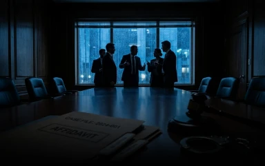 Silhouetted figures in a boardroom viewed through a window, with an "Affidavit" case file in the foreground.