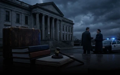 A briefcase, law books, and a gavel on a table in the foreground with two people talking near a police car outside.