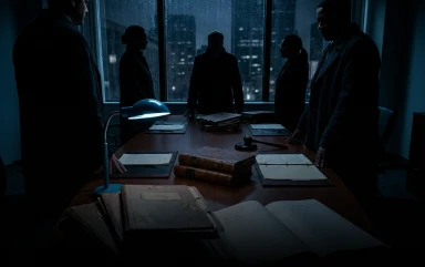 A high-angle view of a legal team gathered around a conference table strewn with books and files during a late-night session.