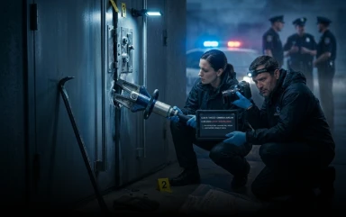 Two forensic investigators in blue gloves examine a damaged metal door with a heavy-duty tool at a nighttime crime scene.