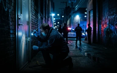 A forensic investigator in a face mask uses a flashlight to inspect a door handle in a dark alley with police in the background.
