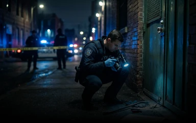 A police officer squats to photograph evidence on the ground near a door in a dark, cordoned-off city alley.
