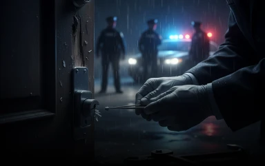 Close-up of gloved hands using forensic tools on a door lock while police officers stand by a patrol car in the rain.