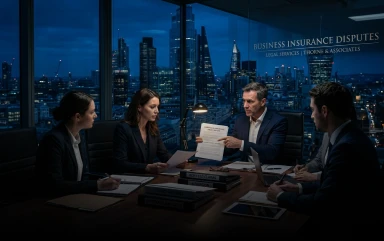 A legal team reviews insurance documents in a high-rise boardroom overlooking a lit-up city skyline at night.