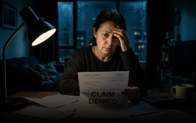 A stressed woman sits at a desk under a lamp, holding a document with the words "CLAIM DENIED" in bold letters.