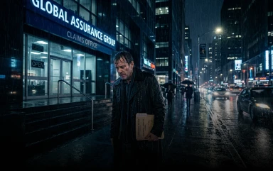 A soaked man in a dark coat walks dejectedly down a rainy city street past a "Global Assurance Group" office.
