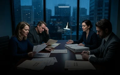 Four serious legal professionals in business attire review medical reports and case documents around a dimly lit conference table at night.