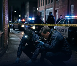 Two forensic specialists in blue gloves kneel on a city sidewalk at night behind yellow crime scene tape, with one taking a close-up photograph and the other pointing a headlamp at the ground near parked police cars.
