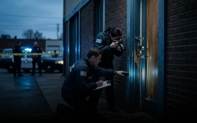 Two forensic investigators examine a damaged wooden door on a brick building at dusk, with one investigator shining a flashlight and the other taking photographs, while police officers stand behind a caution tape line in the background.