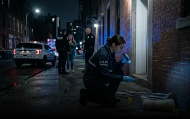 A forensic investigator in a police uniform kneels on a city sidewalk at night, shining a flashlight on evidence near a brick building with police cars and yellow crime scene tape visible down the street.