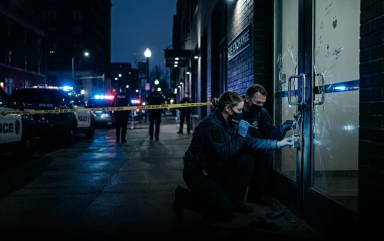 Two police investigators wearing face masks and blue gloves kneel to examine the locked entrance door of a building at night, with active police cars and yellow crime scene tape securing the street behind them.