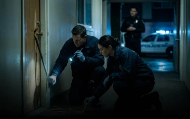 Two police investigators in jackets and blue gloves kneel next to a damaged dark wooden door at a crime scene at night, using a flashlight to inspect a mark on the wall near an evidence marker.