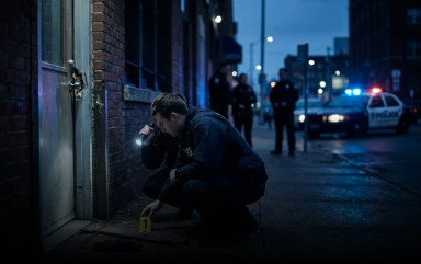 An investigator kneels outside a brick building on a city sidewalk at dusk, shining a flashlight near a yellow number one evidence marker, with police officers and a patrol car with flashing lights in the background.