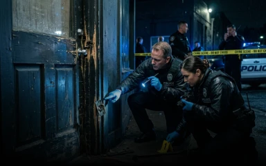 Two police investigators in jackets and blue gloves kneel next to a damaged dark wooden door at a crime scene at night, using a flashlight to inspect a mark on the wall near an evidence marker.