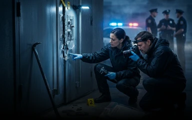 Two forensic investigators in blue gloves examine a damaged metal door with a heavy-duty tool at a nighttime crime scene.