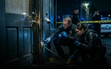 Two investigators in gloves inspect a damaged wooden door at night with a flashlight, pointing toward a crowbar on the ground near yellow evidence markers, while a hanging security camera and police line are visible.