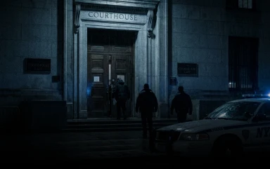 Dark silhouettes of people walking into a stone courthouse building at night, with a police car parked nearby.
