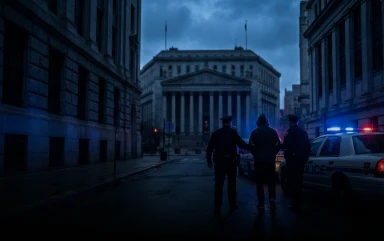 Two police officers are seen from behind walking a handcuffed suspect down a dark city street toward a police car at night, with a large columned government building in the background.