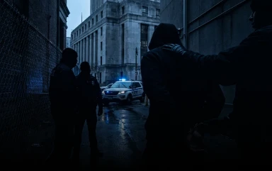 Dimly lit silhouettes of police officers escorting a hooded person in handcuffs through a dark city alleyway at night, with flashing police lights visible nearby.