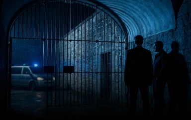 Silhouettes of three people stand inside a dark stone tunnel looking through a large arched iron gate toward a parked police vehicle with flashing blue lights in the rain.