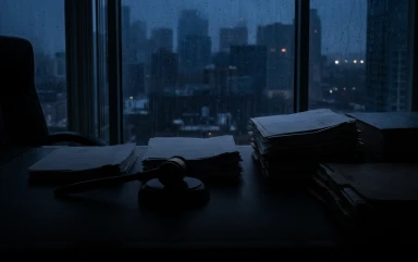 Stacks of legal documents and a judge's gavel rest on an office desk in near darkness, looking out a rainy high-rise window at a dim city skyline.
