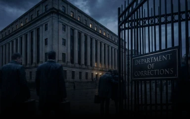 Several people in dark coats stand outside a large stone institutional building behind an open iron gate with a sign that reads "DEPARTMENT OF CORRECTIONS" at dusk.