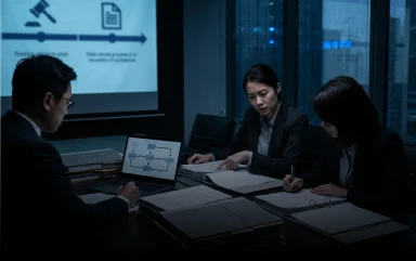 A group of business professionals in suits hold a meeting around a conference table in a dark office at night, reviewing diagrams on a laptop screen and legal papers.