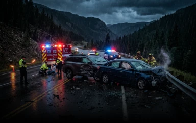 Emergency responders and an ambulance attend to a multi-car collision on a wet mountain road under a dark, overcast sky.