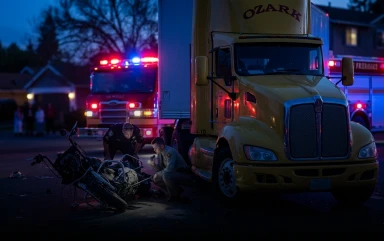 Law enforcement officers inspect a crashed motorcycle on the ground next to a yellow commercial semi-truck at twilight with a fire truck in the background.