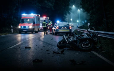A wrecked motorcycle rests against a guardrail on a dark, wet road at night with an ambulance and police car parked in the background.