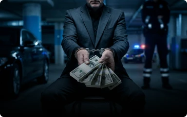 A man in a suit sitting down extends his handcuffed hands forward holding thick stacks of US dollars in a dark parking garage.